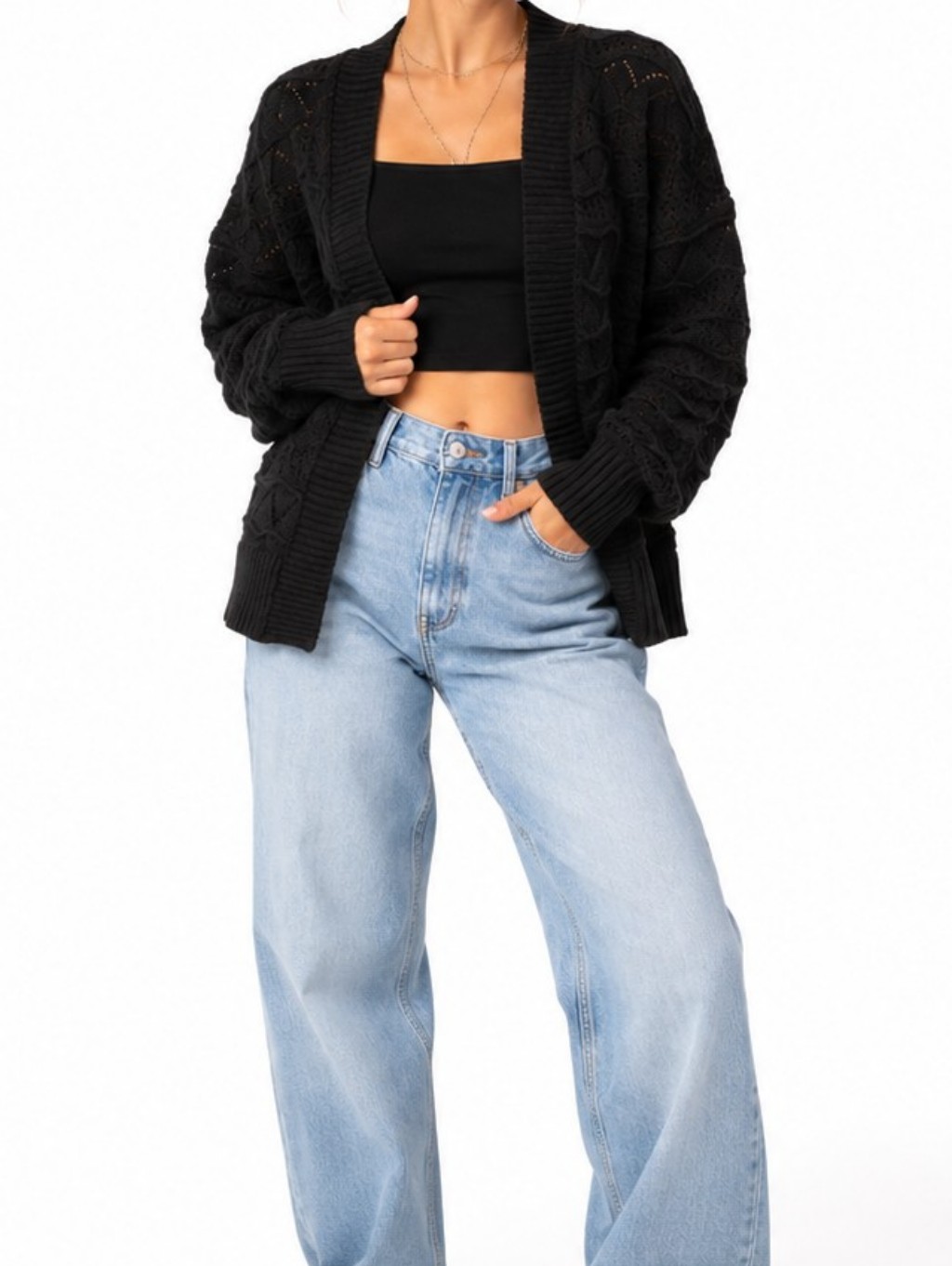 Frye ($135) Open Front Pointelle Knit Cardigan Sweater Black Nwt Size S